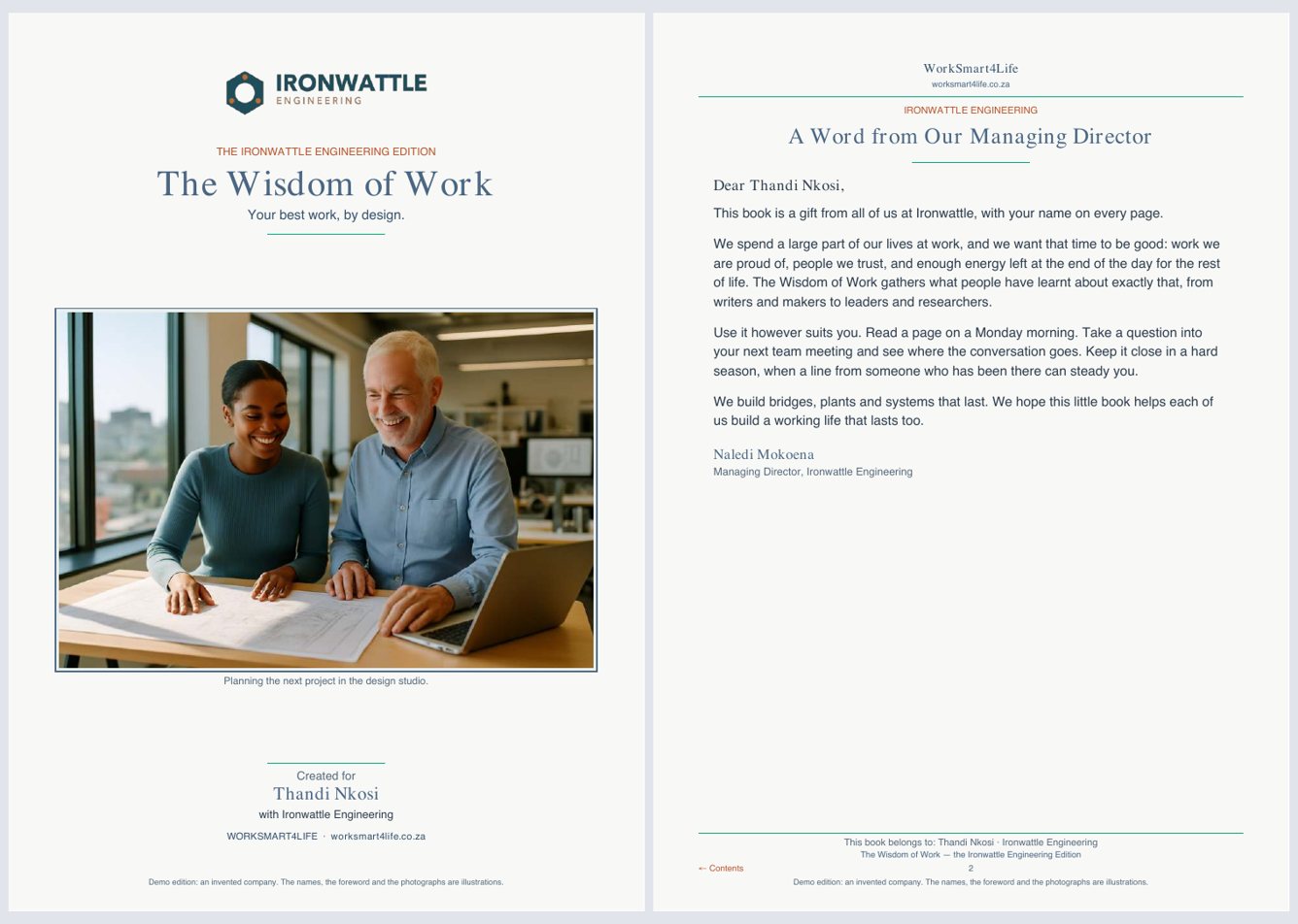 Demo edition, an invented company: the cover and the Managing Director&rsquo;s foreword addressed Dear Thandi Nkosi